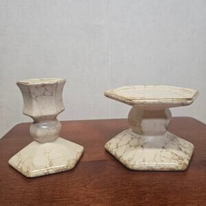 Vintage 90s PartyLite Ivory Crackle Pillar Candle Holder Set of 2 - Cream
